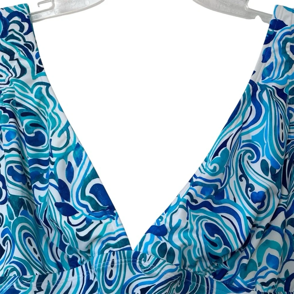 VENUS Maldives Plunge One Piece Swimsuit in Blue and White Pattern